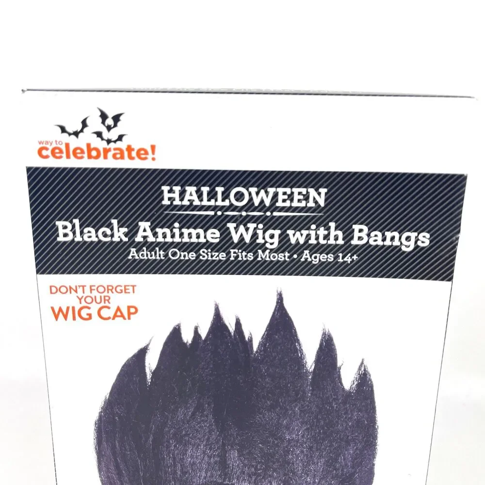 Black Anime Wig Cap with Bangs Halloween Costume Adult Unisex one size fits most